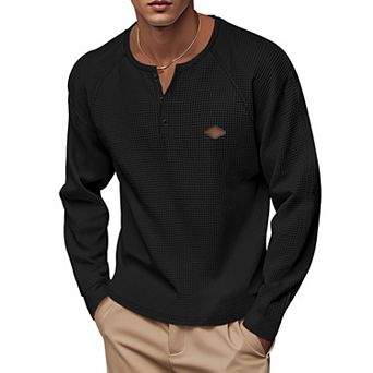 Men's Lightweight Waffle Knit Long Sleeve Button Front Casual Shirt