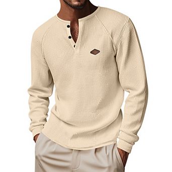 Men's Lightweight Waffle Knit Long Sleeve Button Front Casual Shirt