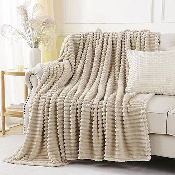 Striped Fleece Throw Blanket Soft Plush Lightweight Cozy Khaki