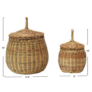 Hello Honey Hand-Woven Wicker Basket Storage with Lids, Natural, Set of 2