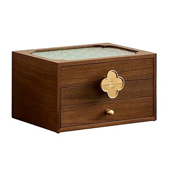 3 Drawers Black Walnut Wooden Jewelry Box with Glass Lid