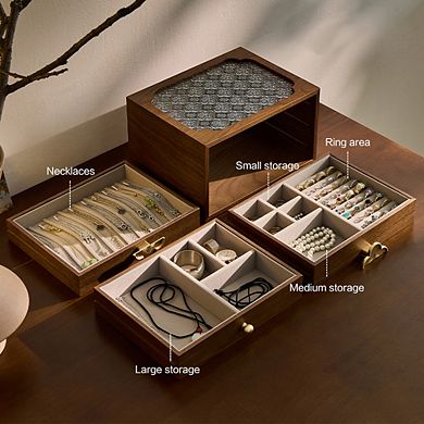 3 Drawers Black Walnut Wooden Jewelry Box with Glass Lid