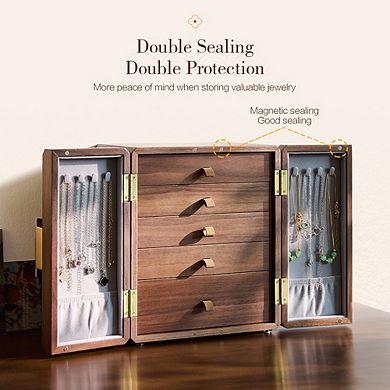 5-Layer Black Walnut Wooden Jewelry Box Quatrefoil Brass Handle, Antique-Style