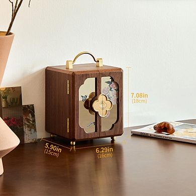 4 Layers Black Walnut Jewelry Box with Gold Handle & Mirrored Flowers