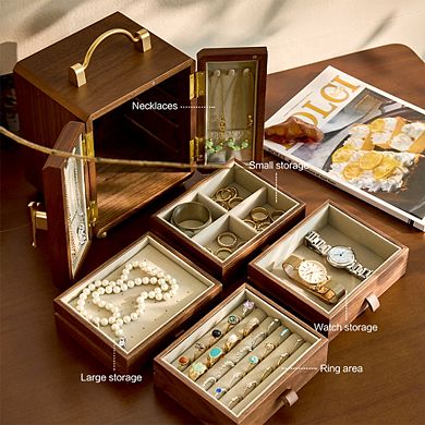 4 Layers Black Walnut Jewelry Box with Gold Handle & Mirrored Flowers