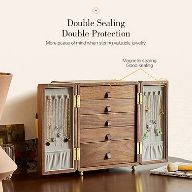 5-Layer Double Door Jewelry Box Velvet Lining, Gold Handle, Magnetic Closure