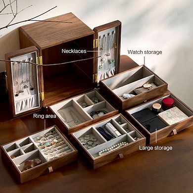 5-Layer Double Door Jewelry Box Velvet Lining, Gold Handle, Magnetic Closure