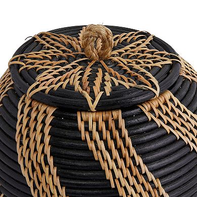 Hello Honey Decorative Handwoven Rattan Storage Basket Storage with Lid, Natural and Black