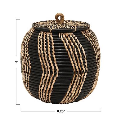 Hello Honey Decorative Handwoven Rattan Storage Basket Storage with Lid, Natural and Black