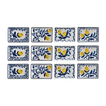 Hello Honey Stoneware Plate with 4 Lemon Design Styles, Blue and Yellow, Set of 12