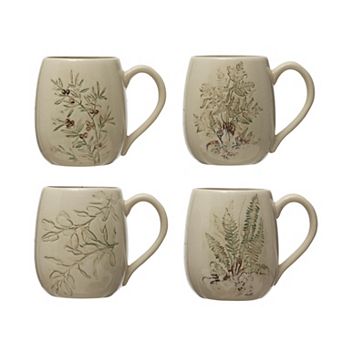 Hello Honey Debossed Stoneware Mug, Set of 4 Styles, Cream and Green Reactive Crackle Glaze