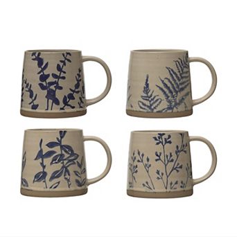 Hello Honey Hand Stamped Mug with Wax Relief Botanical Design, Set of 4 Styles