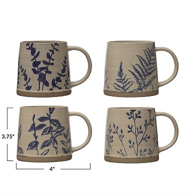 Hello Honey Hand Stamped Mug with Wax Relief Botanical Design, Set of 4 Styles