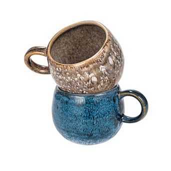 Hello Honey Round Stoneware Mug Set, Brown and Blue, Set of 2