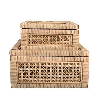Hello Honey Woven Wood and Rattan Display Boxes with Glass Lids, Natural, Set of 2