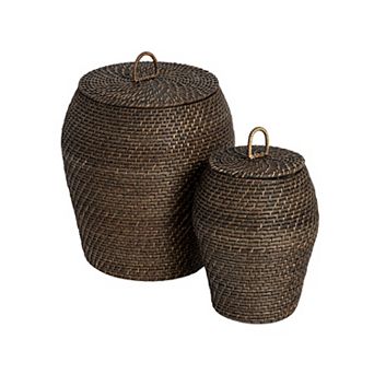 Hello Honey Rattan Wicker Storage Basket with Lid, Washed Black Finish, Set of 2