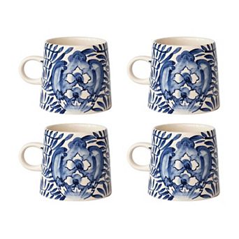 Hello Honey 10-Ounce Hand-Painted Mug with Geometric Design, Cream and Blue, Set of 4