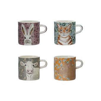 Hello Honey 4 pc Stoneware Mug with Pattern and Animal Image, Multicolor