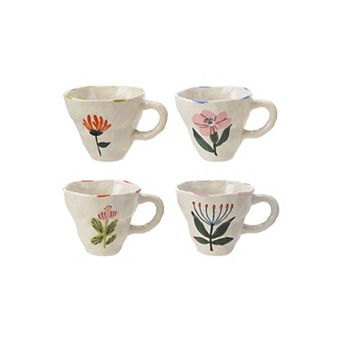 Hello Honey 4 pc Hand-Painted Stoneware Organic Shaped Mug with Flower Image, Multicolor