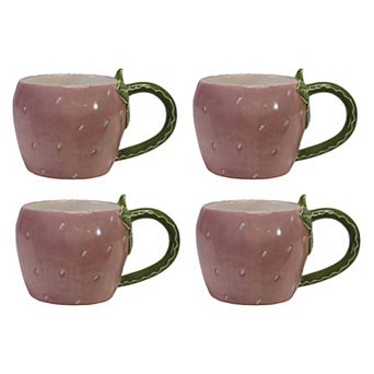 Hello Honey 12-Ounce Hand-Painted Dolomite Strawberry Shaped Mug Set, Pink and Green, Set of 4