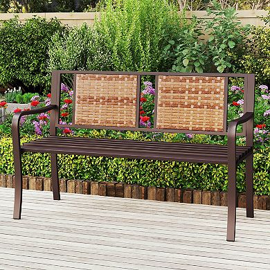 Costway 51" Patio Metal Bench for 2-3 with Rattan Backrest & Curved Armrests for Backyard