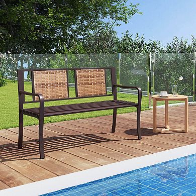 Costway 51" Patio Metal Bench for 2-3 with Rattan Backrest & Curved Armrests for Backyard