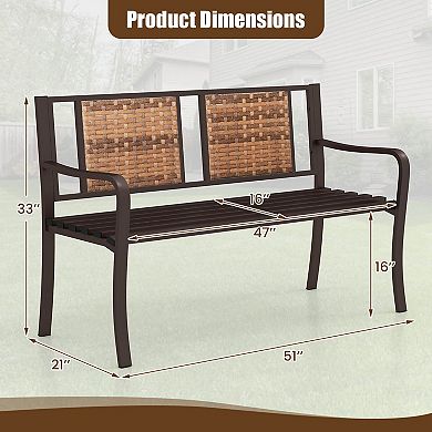 Costway 51" Patio Metal Bench for 2-3 with Rattan Backrest & Curved Armrests for Backyard