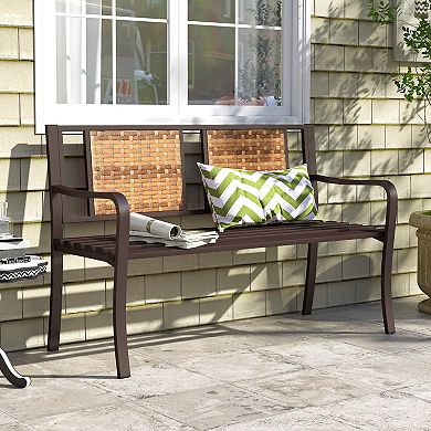 Costway 51" Patio Metal Bench for 2-3 with Rattan Backrest & Curved Armrests for Backyard