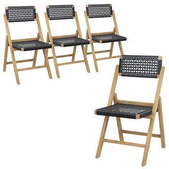 Costway Patio Folding Chairs with Woven Rope Seat & High Back Indonesia Teak Wood for Porch
