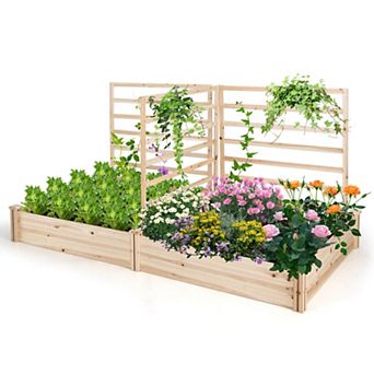 Costway Raised Garden Bed with 3 Trellises with Divided Compartments for Flowers