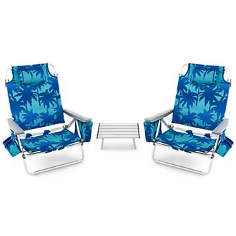 Costway 2-Pack Folding Backpack Beach Chair Table Set 5-Position Outdoor Reclining Chair