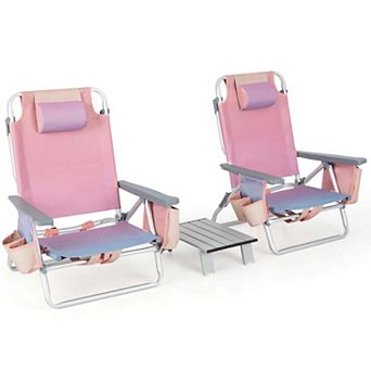 Costway 2-Pack Folding Backpack Beach Chair Table Set 5-Position Outdoor Reclining Chair