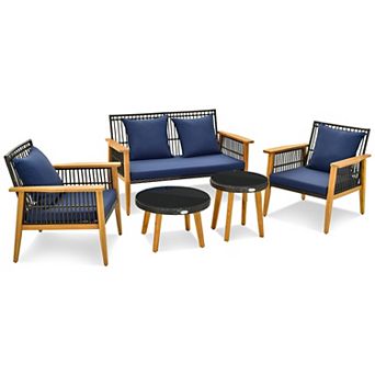 Costway 5 pc Outdoor Rattan Woven Conversation Set Stable Acacia Wood Frame for Backyard