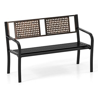 Costway 50" Outdoor Metal Park Bench with Rattan-Like Backrest & Curved Armrests
