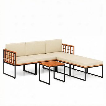 Costway 6 pc Acacia Wood Patio Furniture Set Outdoor Sectional Conversation Sofa Set