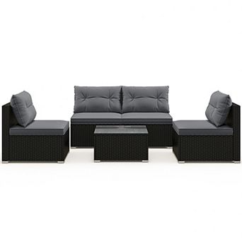 Costway 5 pc Outdoor Furniture Set with Seat & Back Cushions Tempered Glass Tabletop