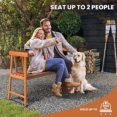 Costway Patio Eucalyptus Wood Bench 2-Person Slatted Seat Backrest 800 Lbs