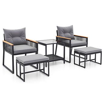 Costway 5 pc Outdoor Conversation Set Rattan Armchairs with 2-Layer Side Table