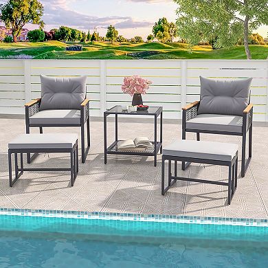 Costway 5 Piece Outdoor Conversation Set Rattan Armchairs with 2-Layer Side Table