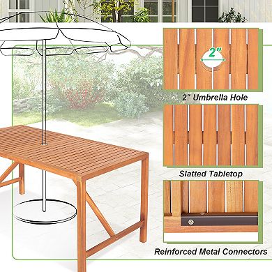 Costway Patio Rectangular Acacia Wood Dining Table 4-6 Person Outdoor 2'' Umbrella Hole