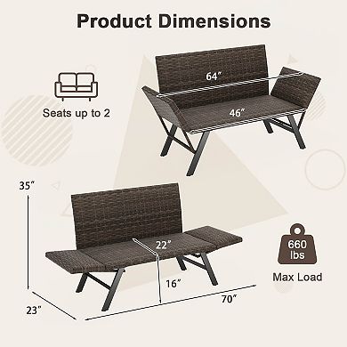 Costway Patio Convertible Sofa for 2 with Adjustable Armrests Metal Frame Wicker Couch