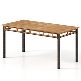 Costway 63” Outdoor Dining Table with Acacia Wood Slatted Tabletop, 1.97” Umbrella Hole