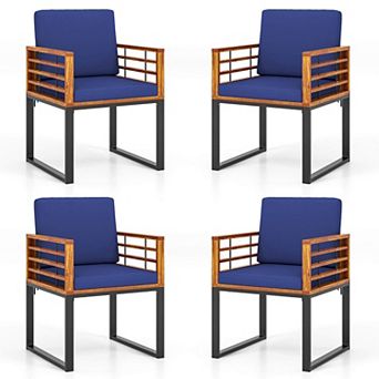 Costway Acacia Wood Outdoor Dining Chairs Set of 4 with Soft Cushions & Metal Frame