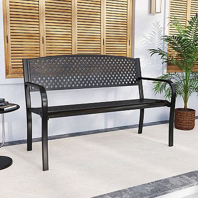 Costway 50 Inches Garden Bench Outdoor Bench with Patterned Backrest and Curved Armrests
