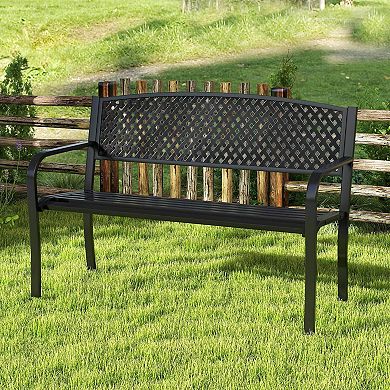 Costway 50 Inches Garden Bench Outdoor Bench with Patterned Backrest and Curved Armrests