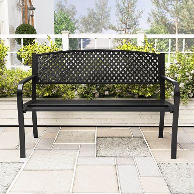 Costway 50 Inches Garden Bench Outdoor Bench with Patterned Backrest and Curved Armrests