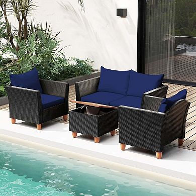 Costway 8 PCS Wicker Patio Furniture Set with Removable Cushions Storage Coffee Table