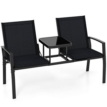 Costway Patio Loveseat with Built-in Table, Breathable Fabric Back and Seat, Metal Frame