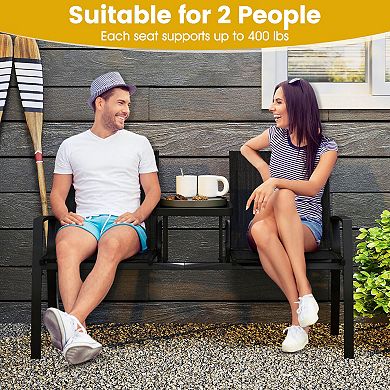 Costway Patio Loveseat with Built-in Table, Breathable Fabric Back and Seat, Metal Frame
