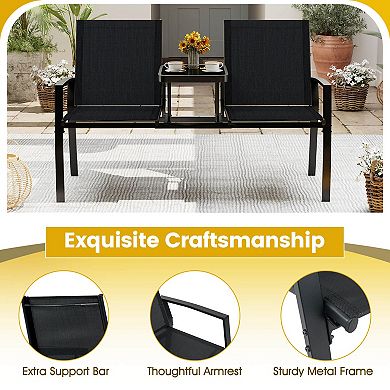 Costway Patio Loveseat with Built-in Table, Breathable Fabric Back and Seat, Metal Frame
